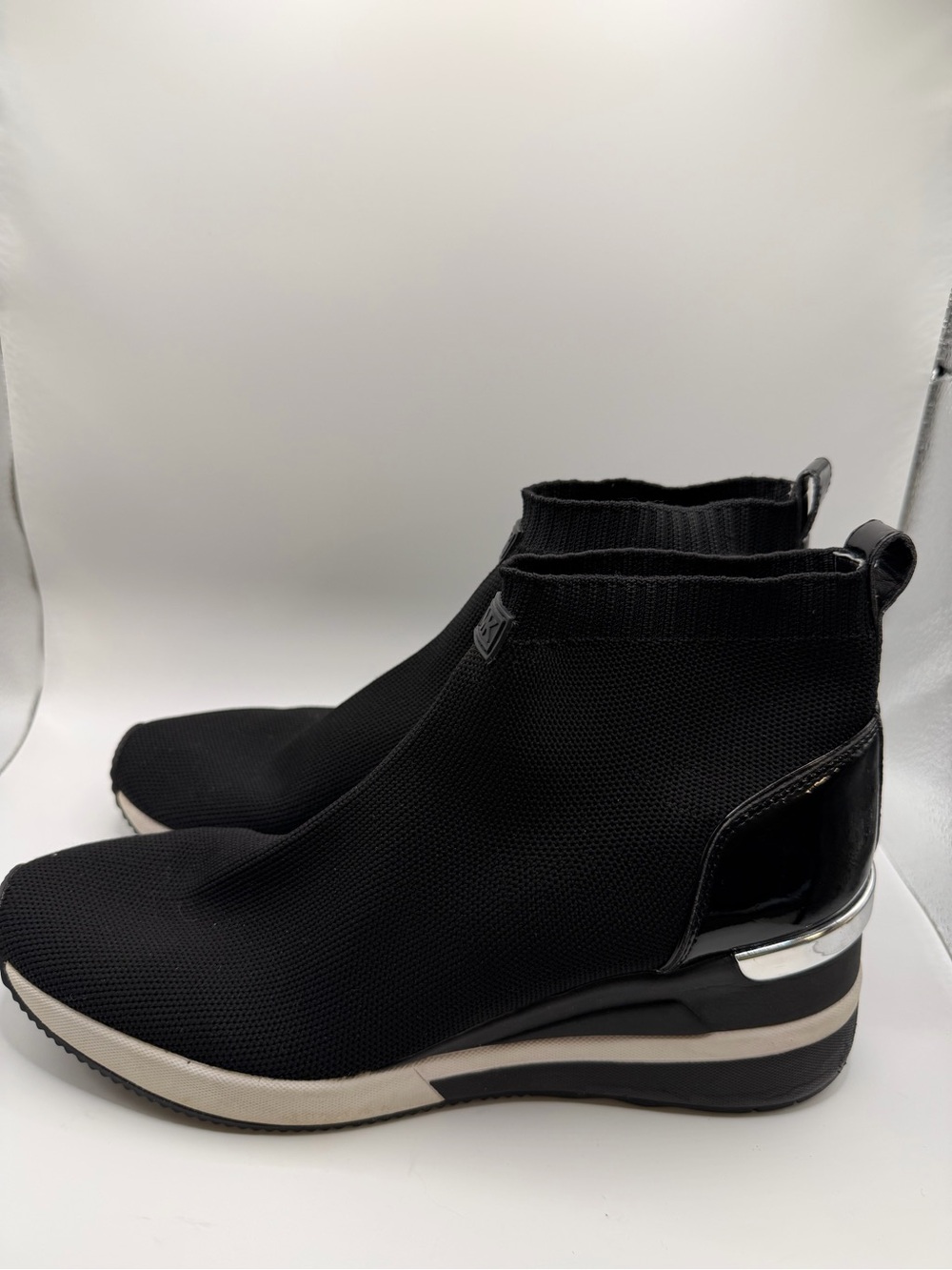 Michael Kors Black Knit Sock Sneaker Boots with White and Silver Trim